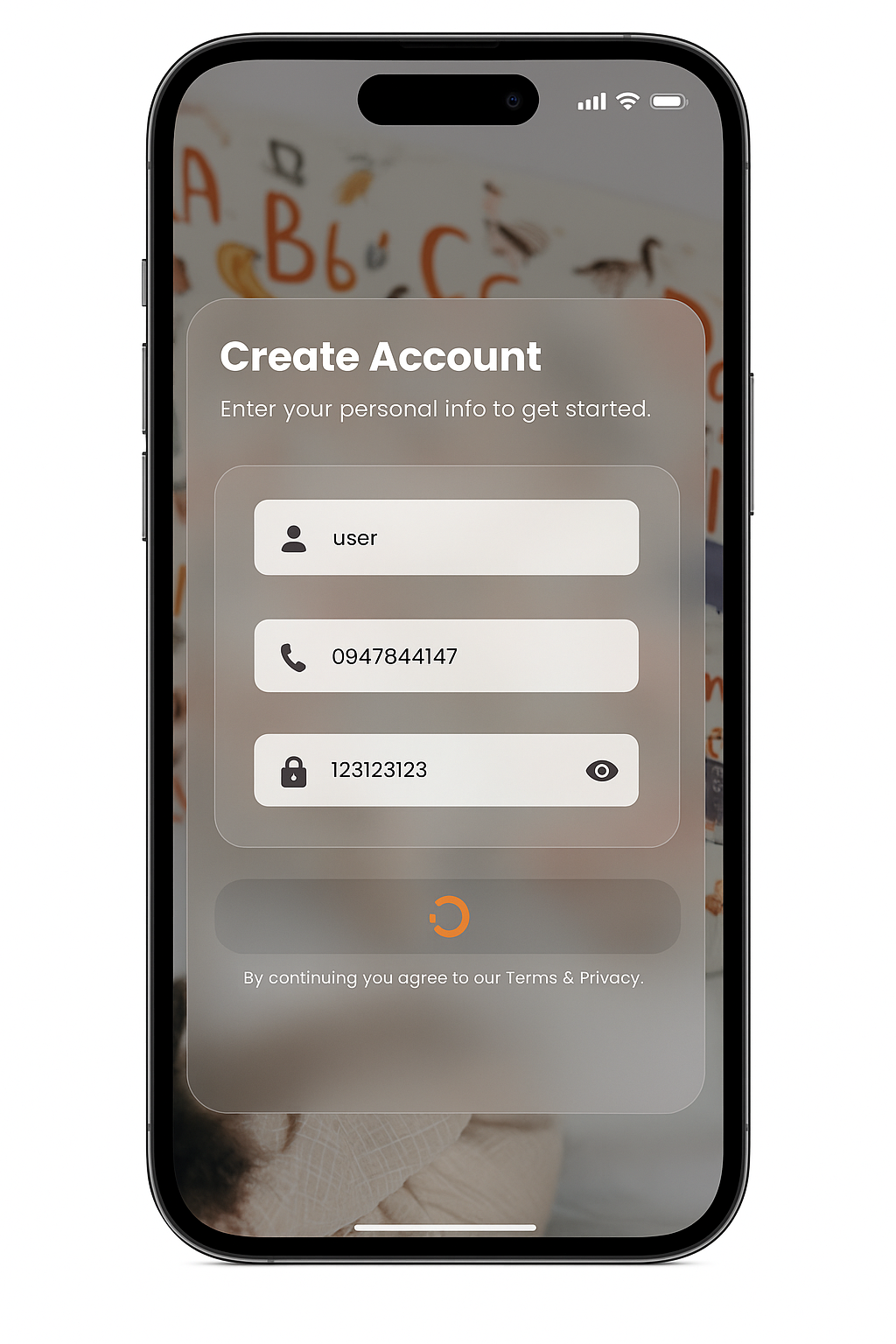 Create account screen
